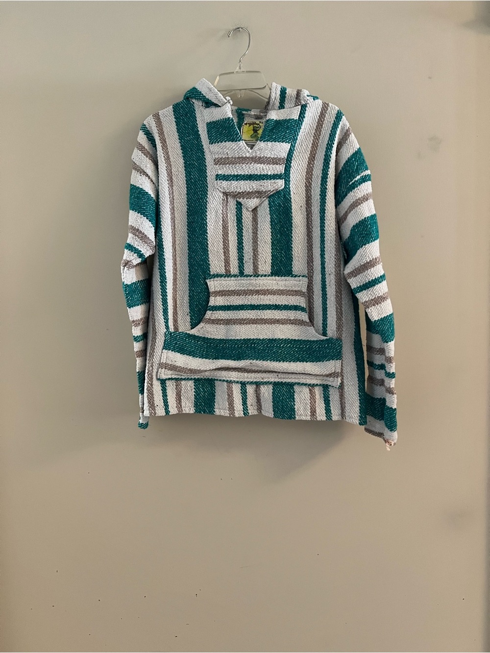 Men’s XXL Striped Baja Joe’s Hoodie Pullover Sweatshirt in Teal and White